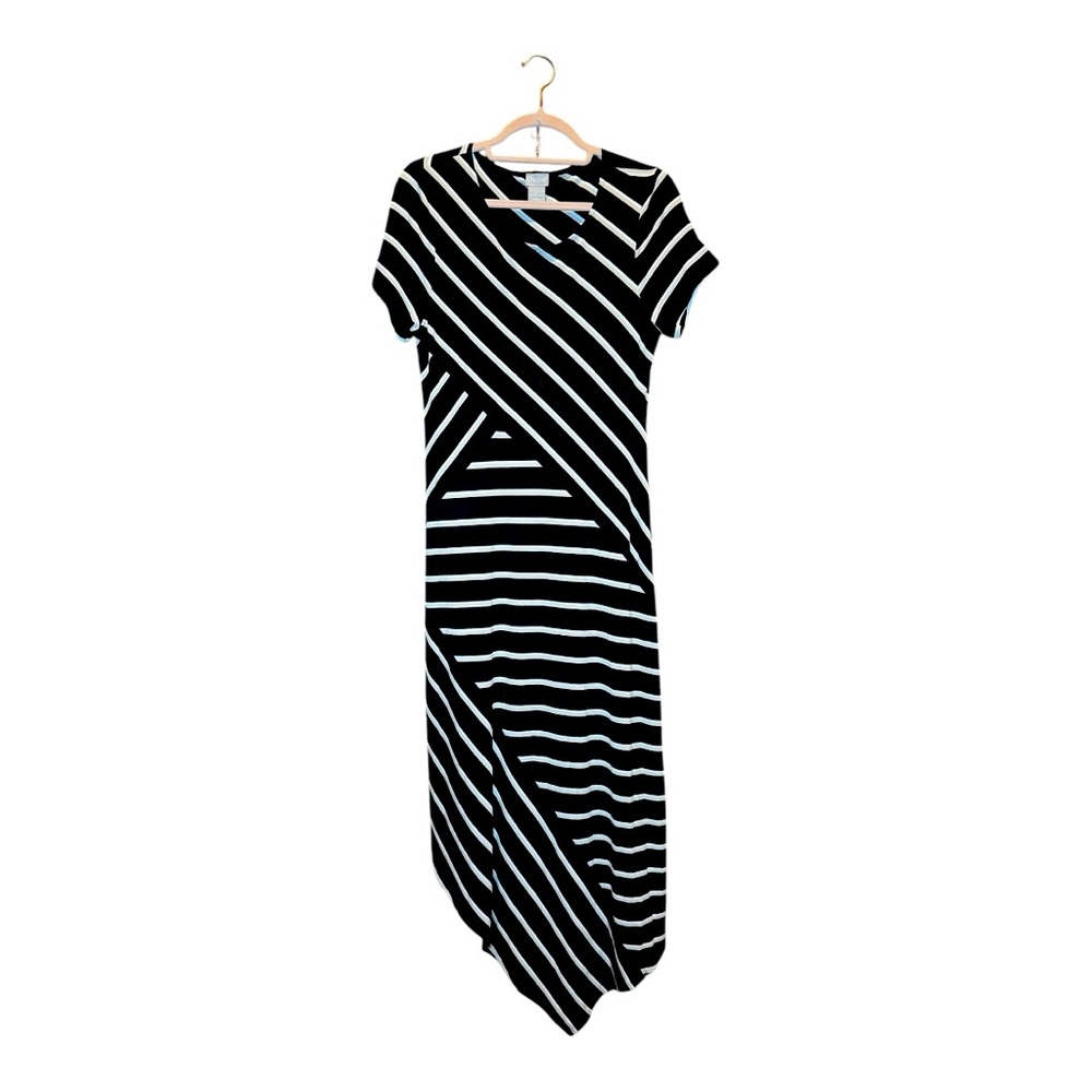 CHICO’S Black and White Striped Dress with Asymmetrical Hem Size 0 (4/6)